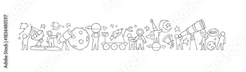 Cartoon banner of sketch little people with space objects. Doodle cute workers with cosmic elements. Hand drawn vector illustration for astronomy design.