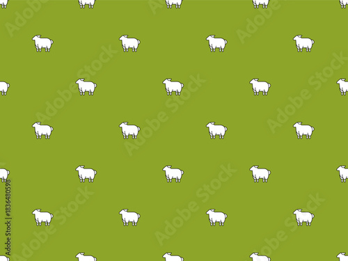 Seamless pattern with cute sheep on blue backdrop. Hand drawn summer background with lambs. Cartoon kid pattern with geometric sheep, vector illustration