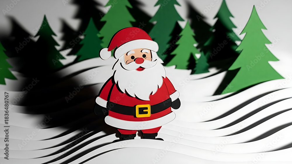 Fototapeta premium Santa's Festive Journey: A charming depiction of Santa Claus amidst a whimsical winter wonderland scene. The joyful figure embodies the spirit of giving and seasonal cheer.