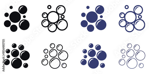 Bubbles flat glyph icons set.Vector art of bubbles of various sizes float on an isolated white background Soap foam, fizzy drink,oxygen bubble pictogram,effervescent effect vector illustrations,signs.