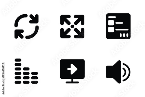 Collection of six modern black user interface icons
