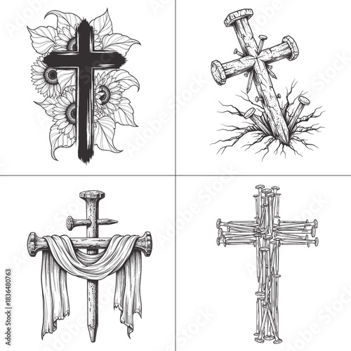 rustic christian cross nails sunflower floral faith line art design set
