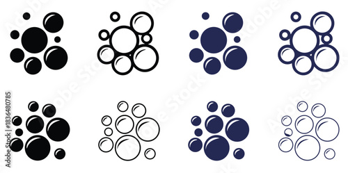 Bubbles flat glyph icons set.Vector art of bubbles of various sizes float on an isolated white background Soap foam, fizzy drink,oxygen bubble pictogram,effervescent effect vector illustrations,signs.