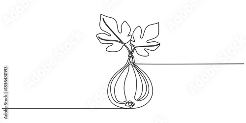 Abstract fig fruit with leaves, Continuous one line drawing isolated on white background, Continuous one single minimal line drawing Figs fruit, Single one line drawing whole healthy organic figs pro.