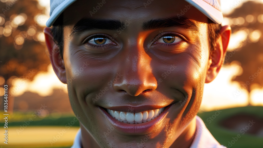 Fototapeta premium Male Golf Player Golf Course Sunset Green Grass Trees White Shirt Golf Gloves Smile Golden Skin Crinkled Eyes Teeth Warm Light Shallow Depth Realistic Portrait Outdoor Sport Cheerful Generative AI