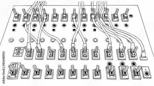 Detailed line art illustration of a vintage electronic switchboard panel.
