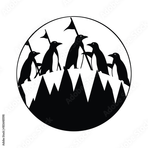Penguin guardians with spears silhouette antarctic warriors in black and white