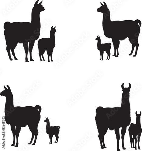 Silhouettes of llamas and baby llamas in various family configurations