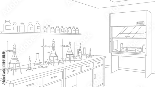 Detailed line art of a laboratory interior with equipment and glassware setup