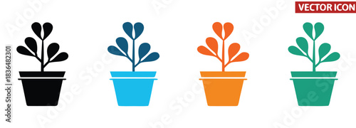 Modern potted plant icons in vibrant colors, black environment logo template vector illustration. Agriculture icon logotype design