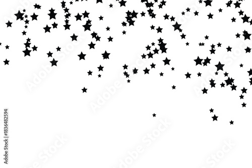 Dynamic pattern of scattered black stars raining down on a pure white surface, perfect for festive overlays and celebratory designs