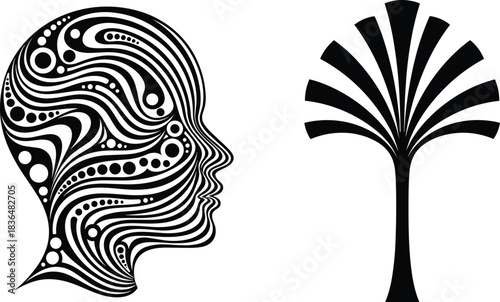 Abstract human head profile and stylized tree icon, psychedelic pattern, black and white vector, mind, creativity, art, consciousness, psychology, surreal design.