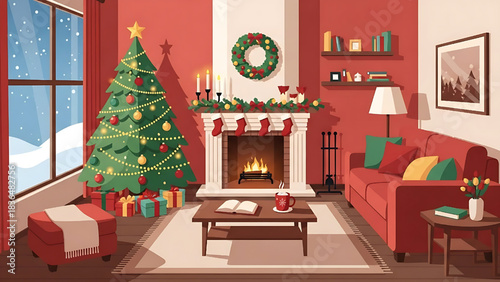 Cozy Christmas Living Room Interior with Tree and Fireplace Illustration