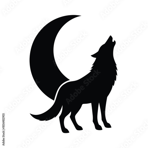 Wolf howling at crescent moon vector illustration in silhouette style