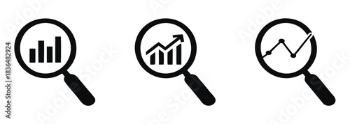 Vector art of three magnifying glass icons show graphs and charts representing data analysis market research and business intelligence activities
