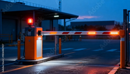 Automated security barrier at dusk with warning lights at entrance  