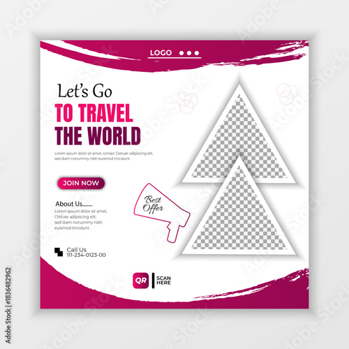 Traveling social media post banner template design, Tour travel holiday tourism marketing social media post