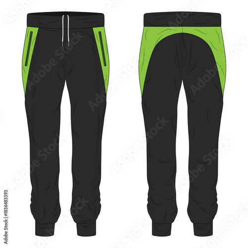 Black training pants mockup with green stripes