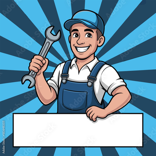 Smiling mechanic in blue overalls holding a wrench
