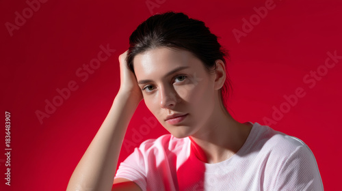 Woman feels feverish and hot with flushed face, discomfort, and fatigue