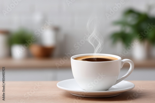 Freshly brewed coffee radiates heat, sitting peacefully on wooden surface