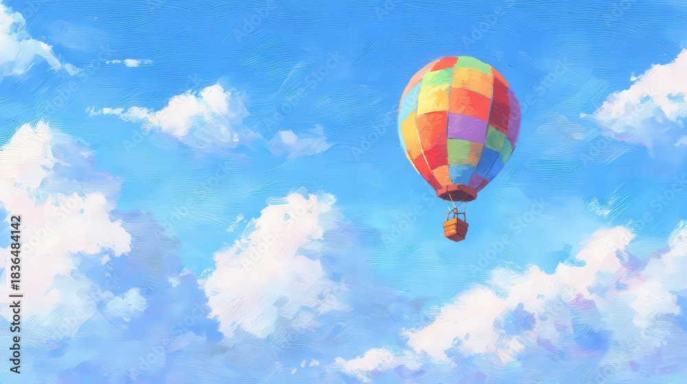 Obraz premium A vibrant hot air balloon floats gracefully against a backdrop of fluffy clouds and a bright blue sky.