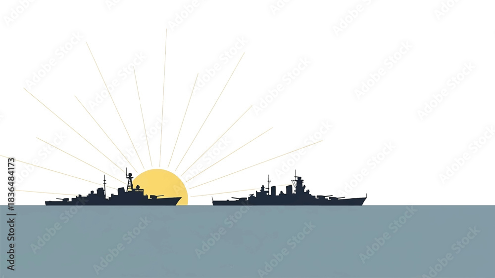 Fototapeta premium Naval Fleet at Sunset, Military Ships Silhouette, Ocean Horizon