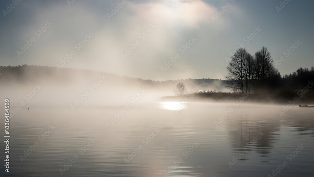 Fototapeta premium Peaceful Misty Lake Landscape with Tree Silhouette at Dawn