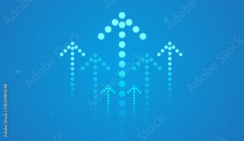 A Dynamic growth trend with an upward arrows on light blue background, and Dotted blue arrows rising upward, symbolizing steady financial growth and positive business