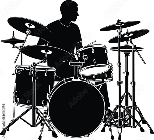 Black silhouette of professional drummer playing a complex drum kit, illustrating music, performance, rhythm, concert, and rock band vector.