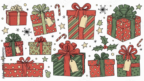 Festive Christmas Presents Collection with Ribbons and Tags.