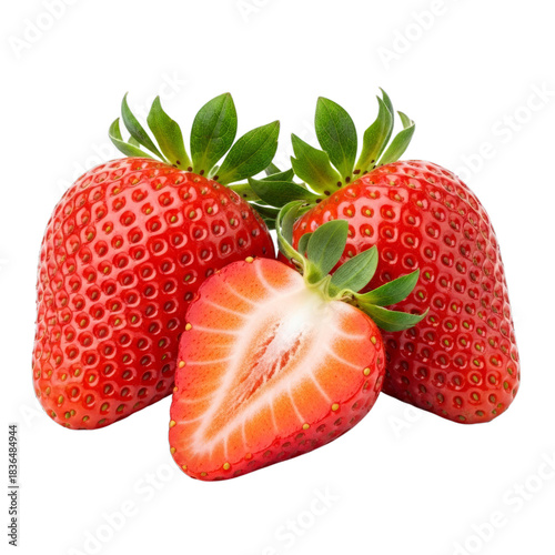 Close up of three ripe strawberries with one sliced in half showing pulp on transparent background