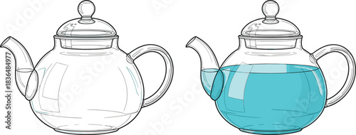 Transparent glass teapot icon set, showing outline and colored version with blue tea, illustrating beverage, cooking, and kitchen utensils vector.