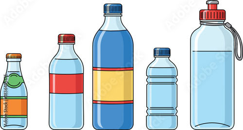 Set of plastic water bottles and reusable sport flask with labels, illustrating hydration, health, fitness, refreshment, and packaging vector collection.