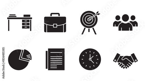 Office Productivity and Business Success Icons Presenting Important Elements Like Teamwork and Achieving Goals Through Strategies in Time