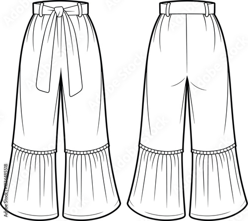 Fashion Flat Sketch of Paper Bag Waist Culottes with Flared Ruffle Hem, Technical Drawing Vector Illustration, Women's Wide Leg Trousers.