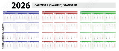 Colorful 2026 calendar template standard 3x4 grid for planning and organization