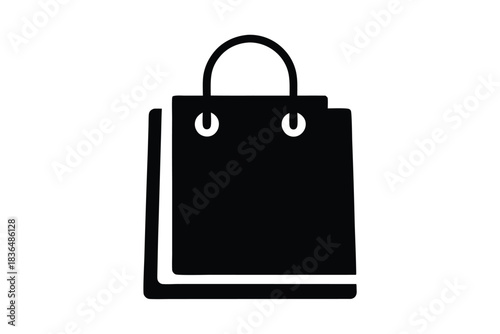 Black shopping bag vector illustration. Minimalist retail paper bag icon with handles isolated on white background
