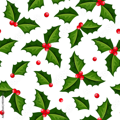 Christmas seamless pattern with holly leaves and holly berries on a white background. Vector season print