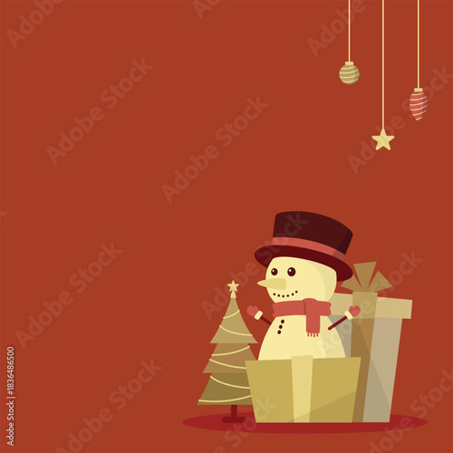 Christmas flat illustration background with copy space for text featuring a cute snowman inside a gift box wearing a top hat against a warm color background perfect for promos and digital content.