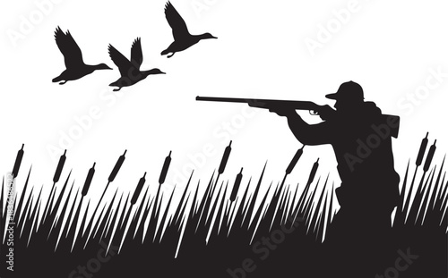 Silhouette of duck hunter targeting flying ducks in natural environment