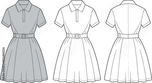 Women's short sleeve polo shirt dress technical drawing template, belted waist and pleated skirt, front back three views apparel CAD vector