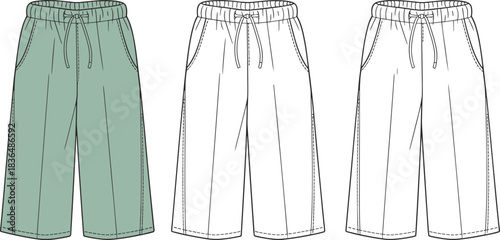 Technical flat drawing of women's wide-leg cropped culottes, fashion sketch template with elastic drawstring waist and side pockets, apparel CAD vector