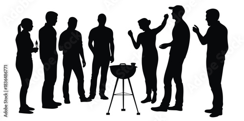 A man grilling meat standing on the side of the road vector.Backyard barbecue party with friends enjoying summer grilling and good company in silhouette for lifestyle brand
