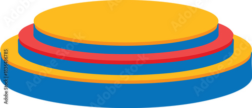 cylindrical podium vector, three-tier platform, blue red yellow design, concentric structure, ranking stage, abstract shape, educational illustration