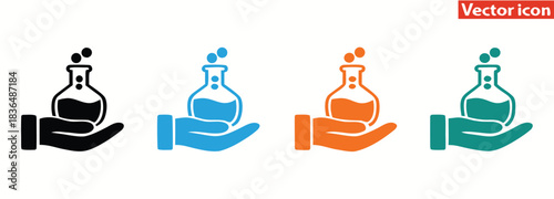 Hands holding lab beakers for scientific research work flow,Vector icon or logo related to chemistry lab flask, science experiments and research, education and medicine.