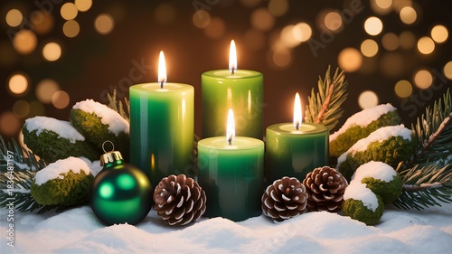 Warm glowing green christmas candles with pine cones and snow covered pine branches and festive bokeh lights