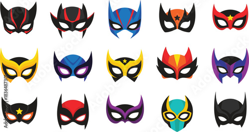 superhero mask collection, colorful vector grid, comic style, costume design, character identity, bold colors, fantasy theme, kids illustration, hero icons