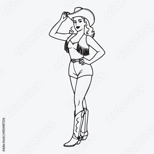 Black and White Outline of Female Cowboy in Pin-up Style Posing