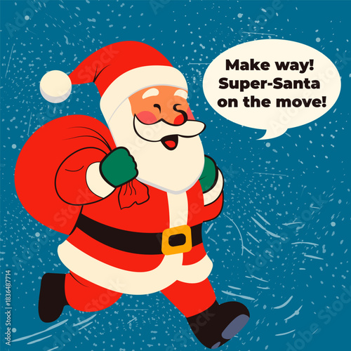 A joyful Santa runs through a snowy blue background carrying a big red sack of presents. With a wide smile and lively movement, he brings energetic holiday spirit to the scene.